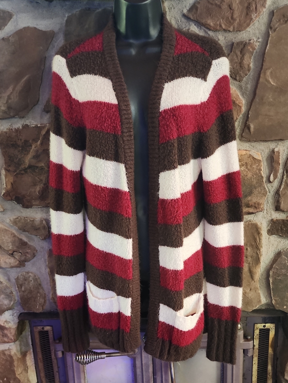 Arizona Jean Company Striped Open-Front Cardigan in Red, Brown & Cream